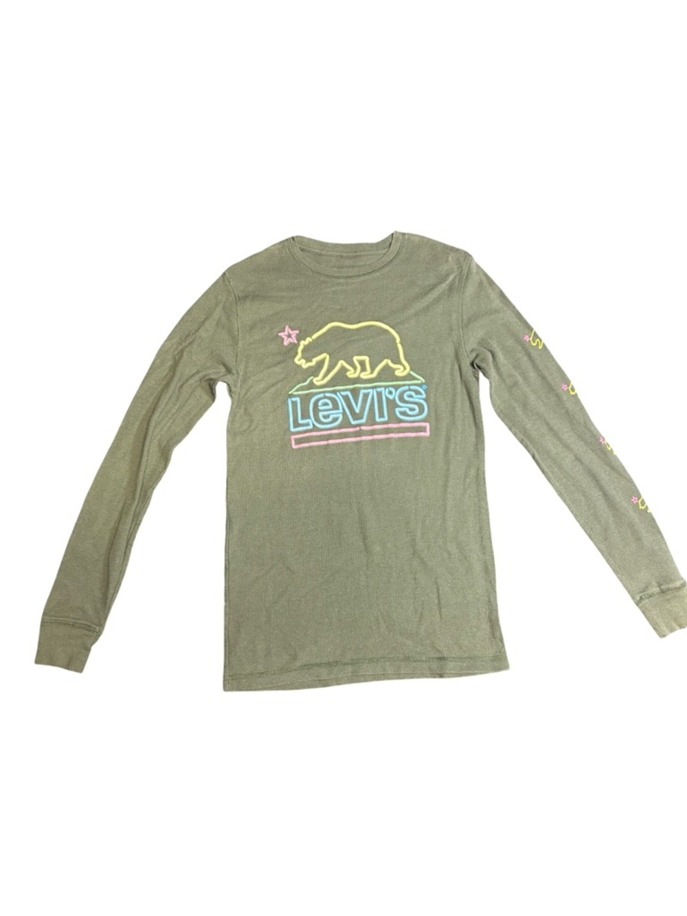 Levi's Olive Green Long Sleeve Tee with Neon Bear and Pastel Logo